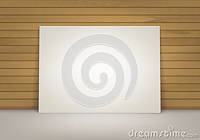 Empty Blank White Mock Up Poster Picture Frame Standing on Floor with Brown Sienna Wooden Wall Front View Vector Illustration