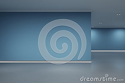 Empty blue gallery interior with mock up place on wall and reflections on floor. Art, no people, museum and exhibition concept. 3D Stock Photo