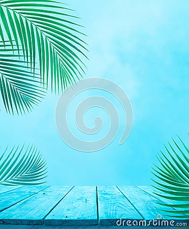 Empty of blue wood table top with coconut leaf on soft sky background.For montage product display or design keyvisual layout Stock Photo