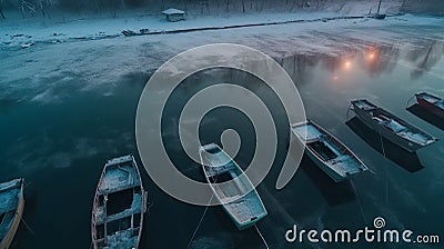 Empty boats on iced lake. On drone view. Stock Photo