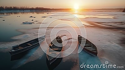 Empty boats on iced lake. On drone view. Stock Photo