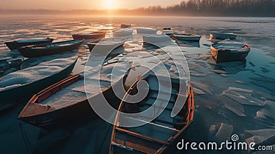 Empty boats on iced lake. On drone view. Stock Photo