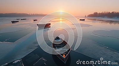 Empty boats on iced lake. On drone view. Stock Photo