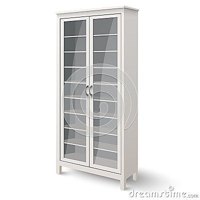 Empty bookcase with glass doors isolated on white background Vector Illustration