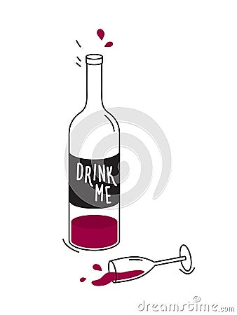 Empty bottle of red wine and wineglass. Drawing Vector Illustration