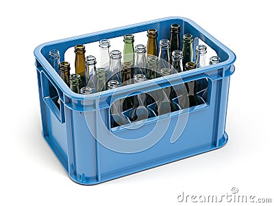 Empty bottles in the strage crate for bottles. Glass recycling Cartoon Illustration