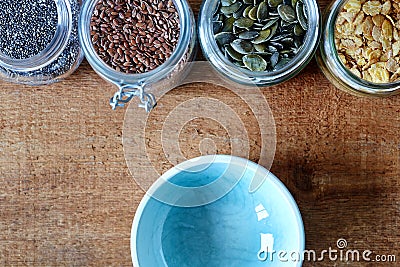 Empty bowl and variety of muesli organic nutrition Stock Photo