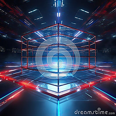 Empty Boxing Ring, Fight Arena, Professional Boxing Ring Axis Shift, Red Blue Illumination, Neon Light Stock Photo