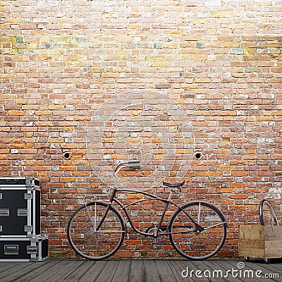 Empty brick wall for mockup with a bike and decor on a urban exterior. Stock Photo