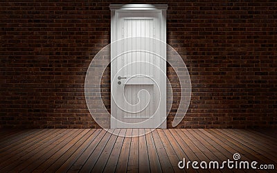 Empty brick wall room with white door Stock Photo