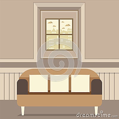 Empty Brown Couch In Front Of Window Vector Illustration