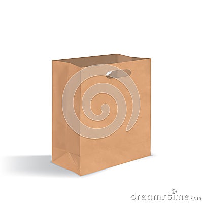 Empty brown paper bag with handles holes. Realistic kraft package with shadows isolated on white background. design Vector Illustration