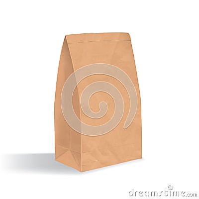 Empty brown paper bag. Realistic triangular kraft package with shadows isolated on white background. design template. Vector Illustration