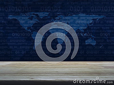 Empty brown wooden table top over world map and computer binary Stock Photo