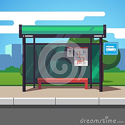 Empty bus stop with city transportation scheme Vector Illustration