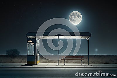 empty bus stop, with the distant sound of night traffic, and a full moon in the sky Stock Photo