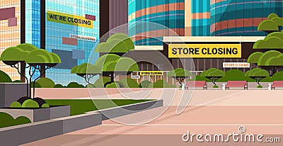 Empty business center with store closing sign coronavirus pandemic quarantine covid-19 concept Vector Illustration