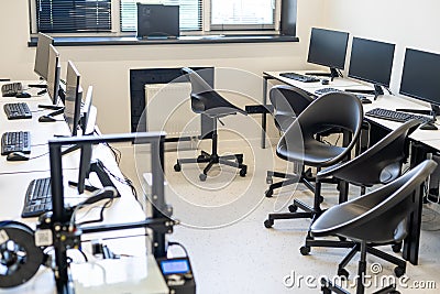 empty call center, Laptop on desk at office. Stock Photo