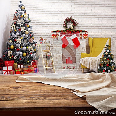 Empty canvas napkin on wooden desk top view. Festive sparkling Christmas interiors background Stock Photo
