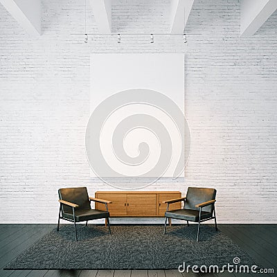 Empty canvas on the white bricks wall background Stock Photo