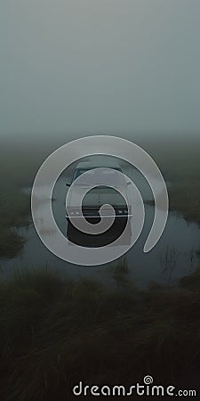 Empty Car In Foggy Marsh: A Cinematic Still Shot Stock Photo