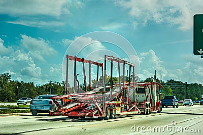 Empty car transporter on the highway Stock Photo