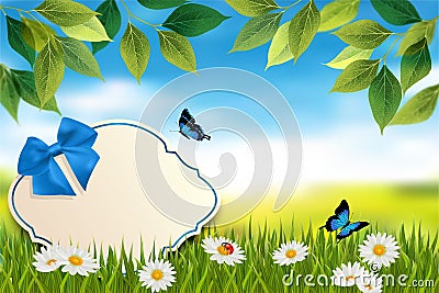 Empty card in grass. Natural background. Vector Vector Illustration