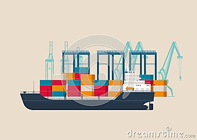 Empty cargo ship in the container terminal Vector Illustration