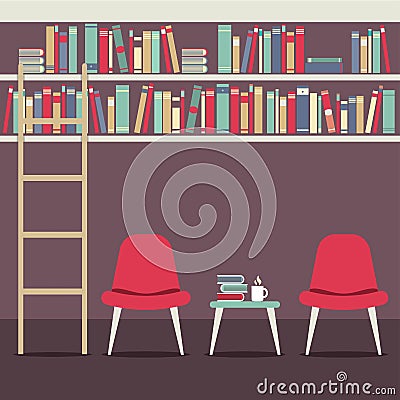 Empty Chairs Under Bookshelves Vector Illustration