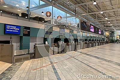 Empty check-in counters at Landvetter Airport. Editorial Stock Photo