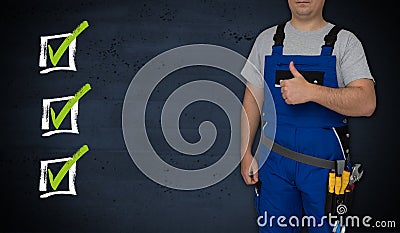 Empty checklist and craftsman with thumbs up Stock Photo
