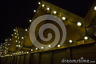 Empty Christmas marketplace,Night scene empty Christmas marketplace with decorated small kiosk Stock Photo