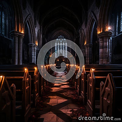 an empty church with candles lit in the dark Stock Photo