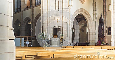 Empty church with empty chairs Stock Photo