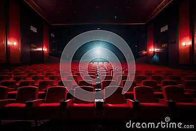 Empty cinema auditorium with rows of red seats illuminated by spotlights, Bright empty red seats in cinema rows, AI Generated Stock Photo