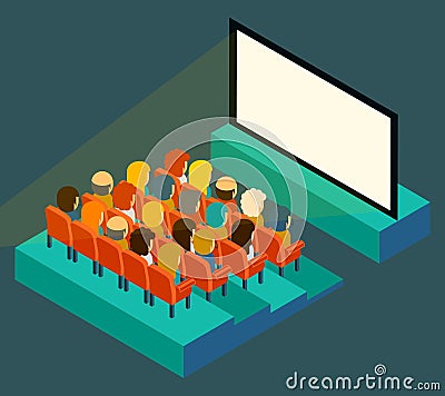 Empty cinema screen with audience. Isometric in Vector Illustration