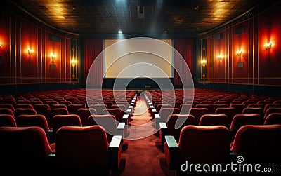 Empty cinema theater with red seats, curtains and a blank white screen ready for the audience to enjoy a movie Stock Photo