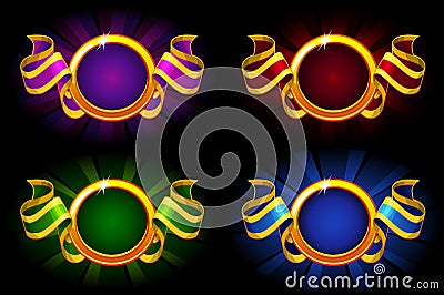 Empty circle frame with ribbon in different colors. Vector awards for UI game resources Vector Illustration