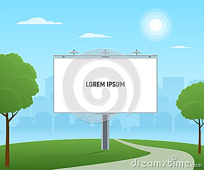 Empty city billboard. City outdoor advertising with blank billboard on cityscape background. Vector Illustration