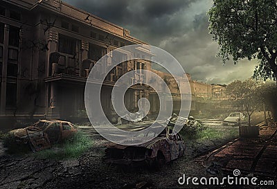 An empty city with a foreground for a long abandoned car wreck, and a background of old damaged buildings Stock Photo