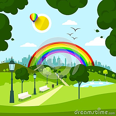 Empty City Park with Rainbow Vector Illustration