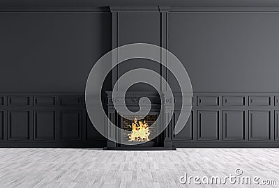 Empty classic interior of a room with fireplace over black wall Stock Photo