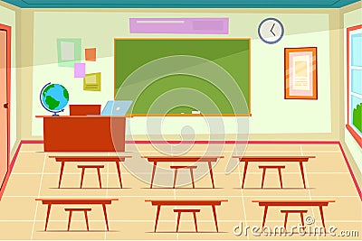 Empty classroom. Class room interior with desk and chairs for kids and teacher, chalkboard on wall, laptop and globe on Vector Illustration