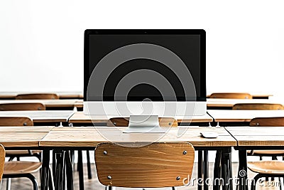 Empty Classroom with Computer on Desk Digital Learning Environment Stock Photo