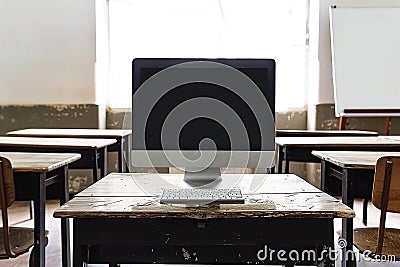 Empty Classroom with Computer on Desk Digital Learning Environment Stock Photo