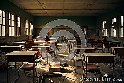 Empty Classroom: Desks and Tables Awaiting Students. Generative By Ai Stock Photo