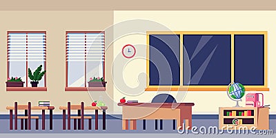 Empty classroom interior, vector flat illustration. School furniture and design elements. Back to school background Vector Illustration