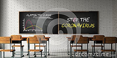 Empty classroom with message FLATTEN THE CURVE, STOP THE CORONAVIRUS - 3D rendered illustration Cartoon Illustration