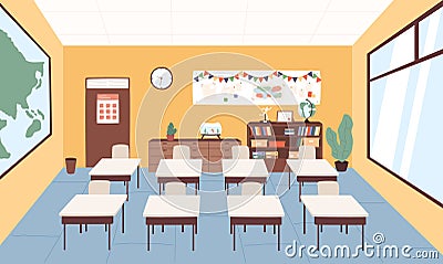 Empty classroom at primary school vector graphic illustration. Interior of cartoon elementary studying room with desk Vector Illustration