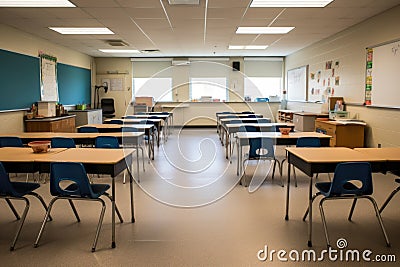 empty classroom, with student desks and chairs in their place, ready for the school year Stock Photo